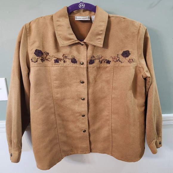 Napa Valley Tops - Napa Valley Petite Brown Button Down Shirt with Purple Embroidery